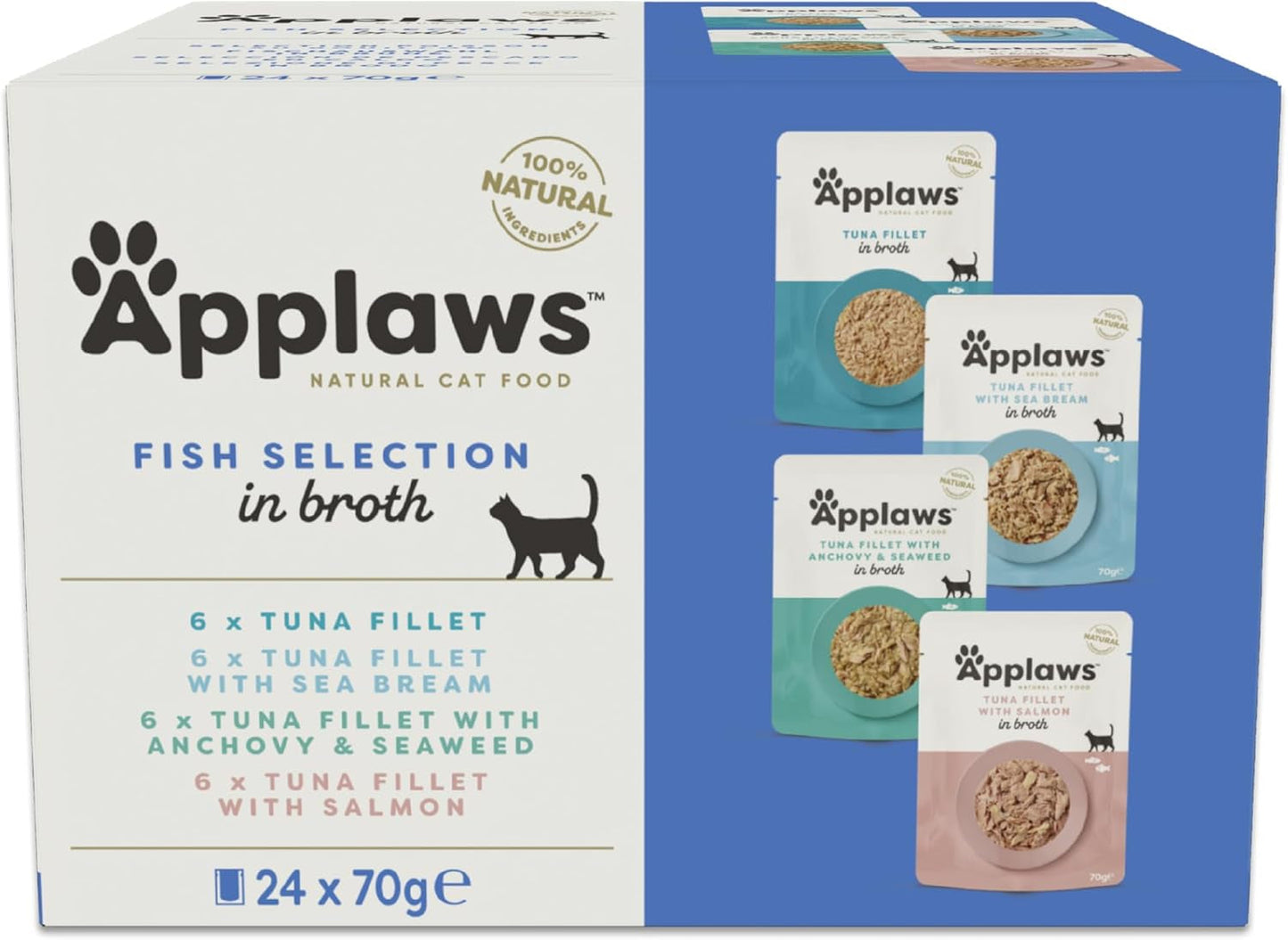 Applaws 100% natuurlijk nat kattenvoer, visselectiezakjes in bouillon, verpakking van 24 zakjes x 70 g