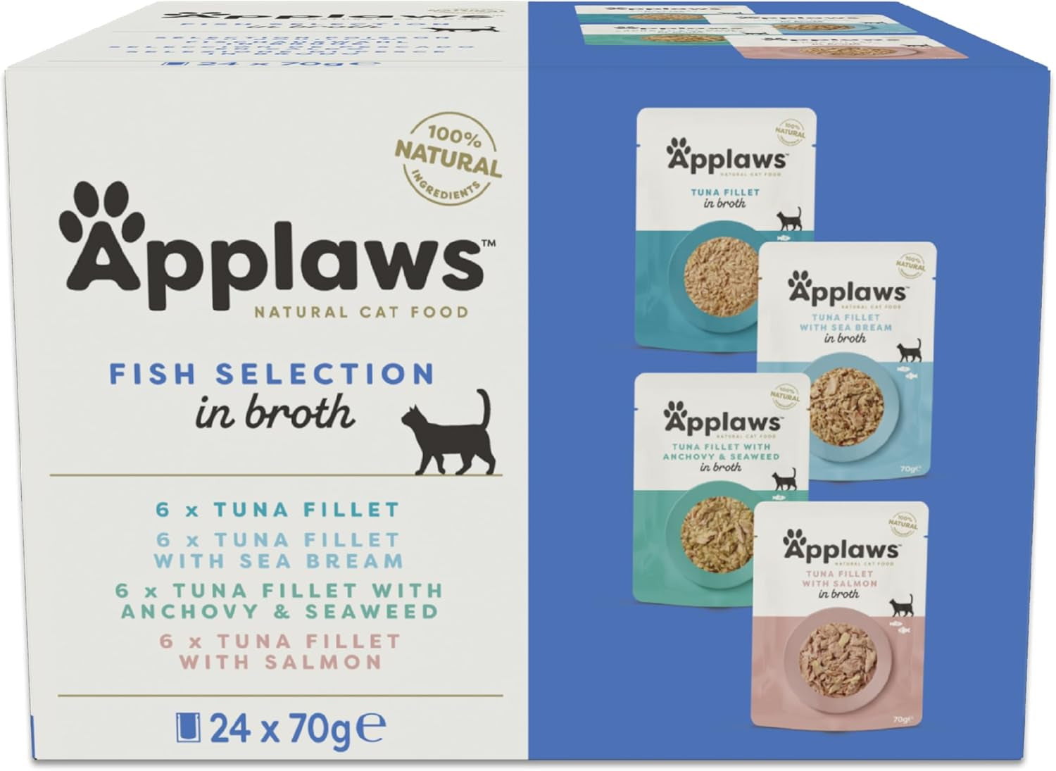 Applaws 100% natuurlijk nat kattenvoer, visselectiezakjes in bouillon, verpakking van 24 zakjes x 70 g