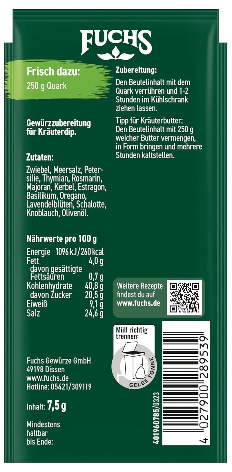 Fuchs Gewürze - Laten we duiken! Kräuter der Provence Gewürzzubereitung, Gewürz für Kräuterquarkdip, 7,5 g in de zak