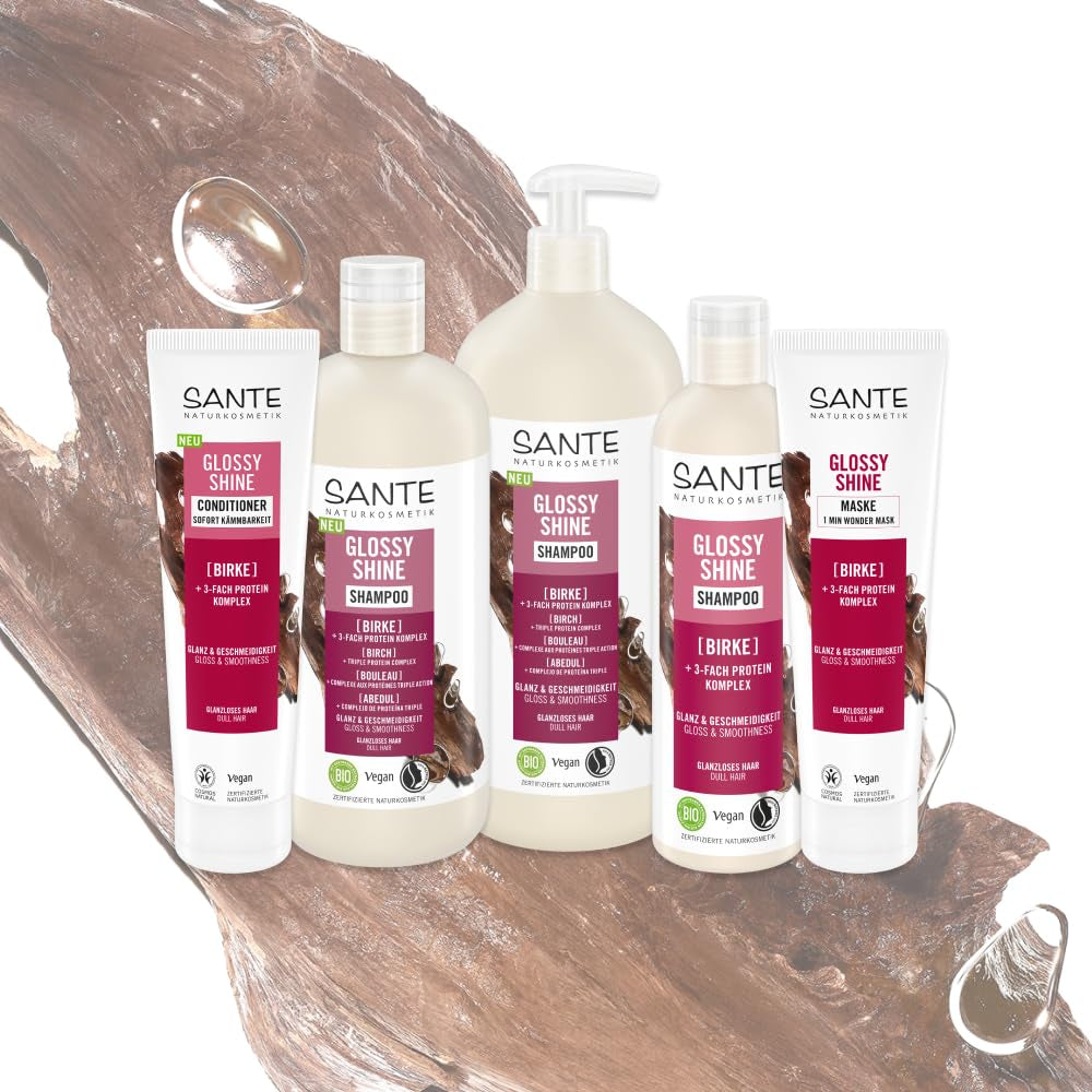 SANTE Naturkosmetik Glossy Shine Mask biologisch berkenbladextract + 3x eiwitcomplex, siliconenvrij en hydraterend haarmasker, veganistische haarverzorging voor meer glans en soepelheid, 150 ml Naty Shop Haarmasker