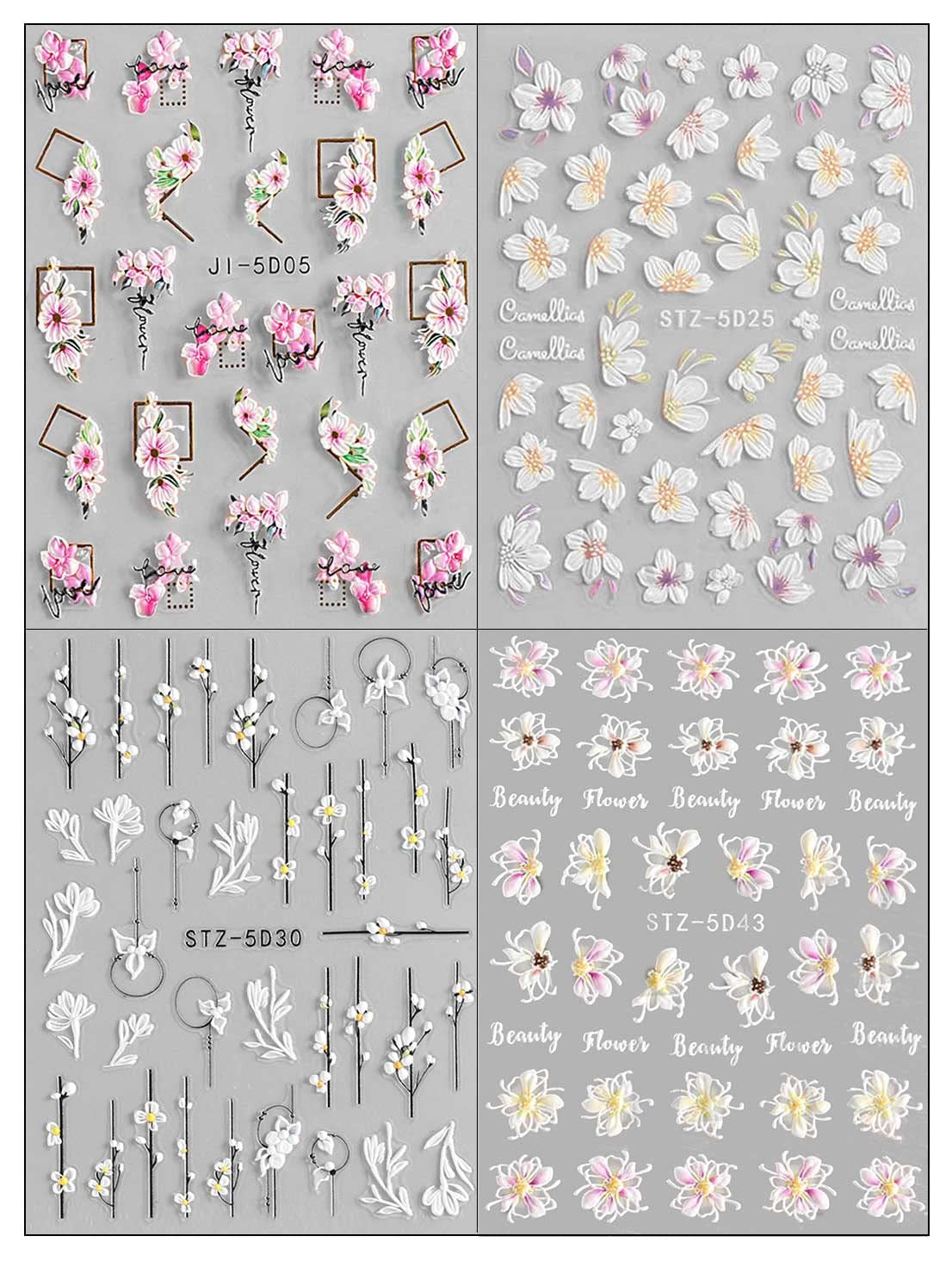 JMEOWIO 3D Nagelsticker Frühling Blume Nail Art Sticker Selbstklebend Nagelaufkleber 5D Stereoskopisch Blumen Decoratie Nageldesign Zubehör 4 Blatt