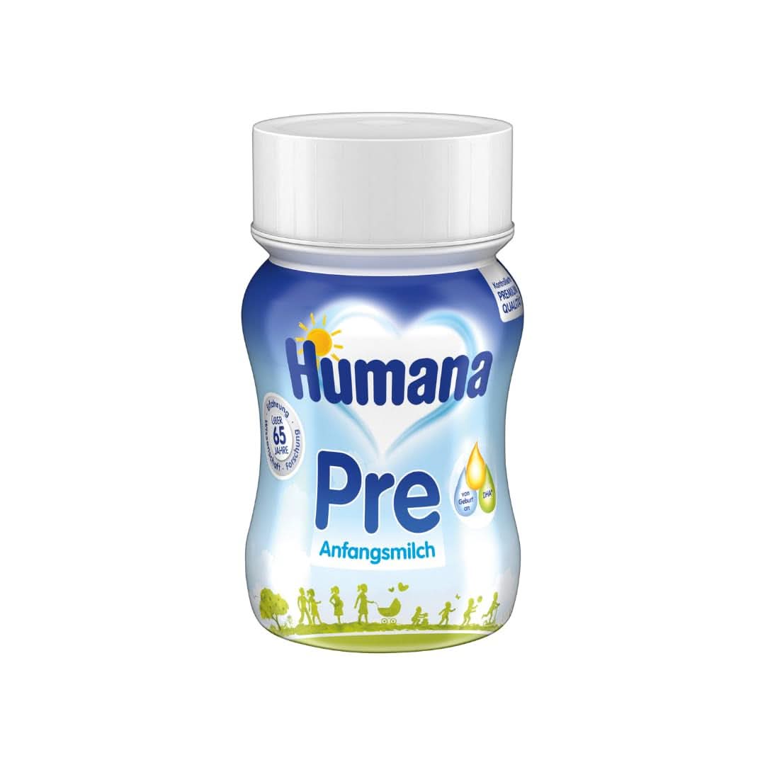Humana Initial Milk Kant-en-klaar, vanaf de geboorte, Kant-en-klare melk voor zuigelingen, Als aanvulling op de moedermelk of als enig pre-food, Babyvoeding alleen met DHA en lactose, 24 x 90 ml Naty Shop Standaardtitel