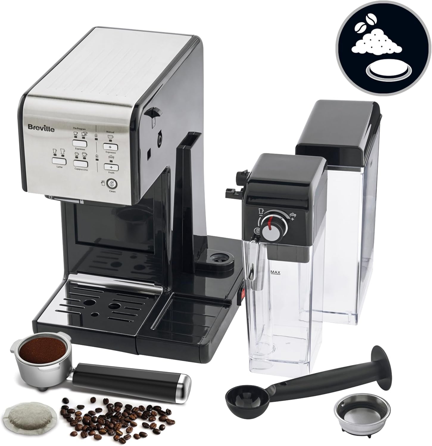 Espresso Breville Prima Latte II | Latte- en cappuccinomachine | Professionele pomp met 15 bar en melkopschuimer | Zilver [VCF108X]