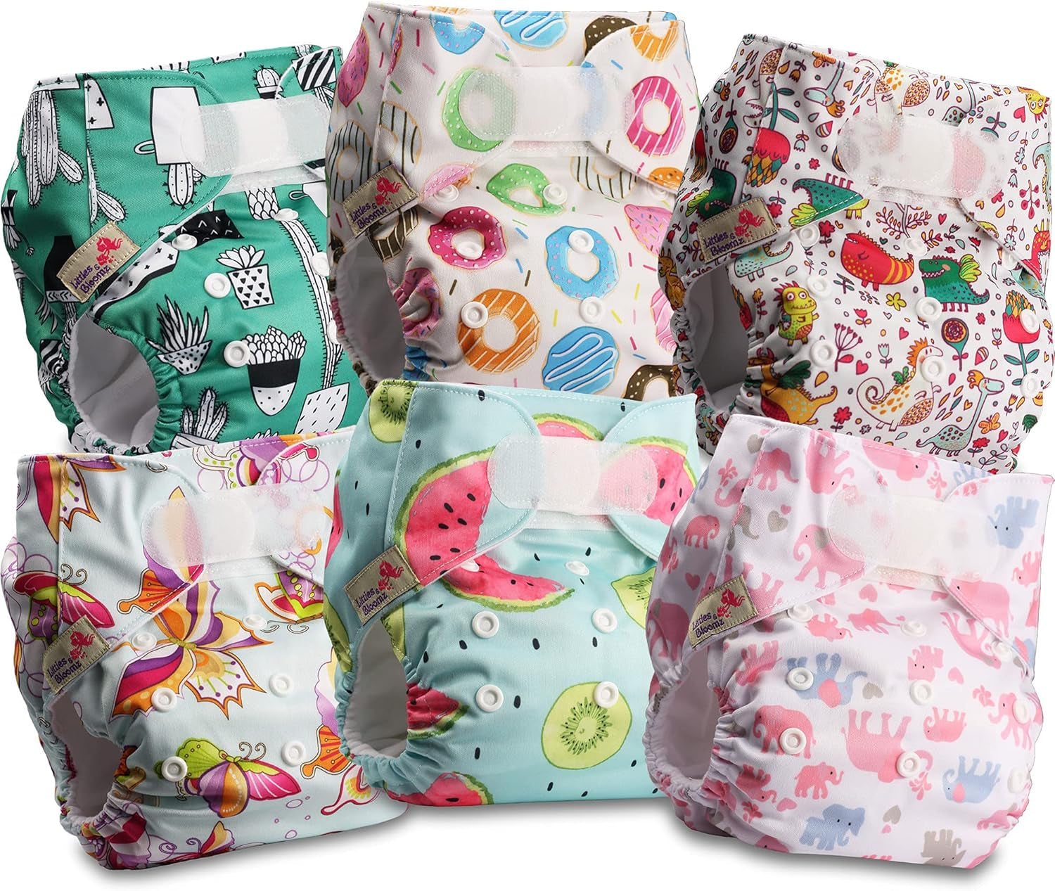 Littles and Bloomz herbruikbare luier FLV2-0602, standaard klittenbandsluiting, 6 luiers