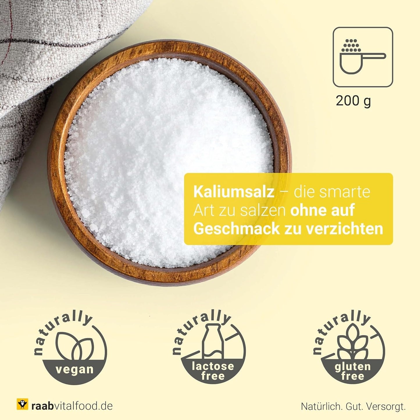 Raab Vitalfood Kaliumzout-Mischung, Mineralsalzmischung mit 66,7% Natriumchlorid (Kochsalz) en 33% Kaliumchlorid, Kalium trägt zur Aufrechterhaltung eines normalen Blutdruck bei (1 x 200 g dosis)