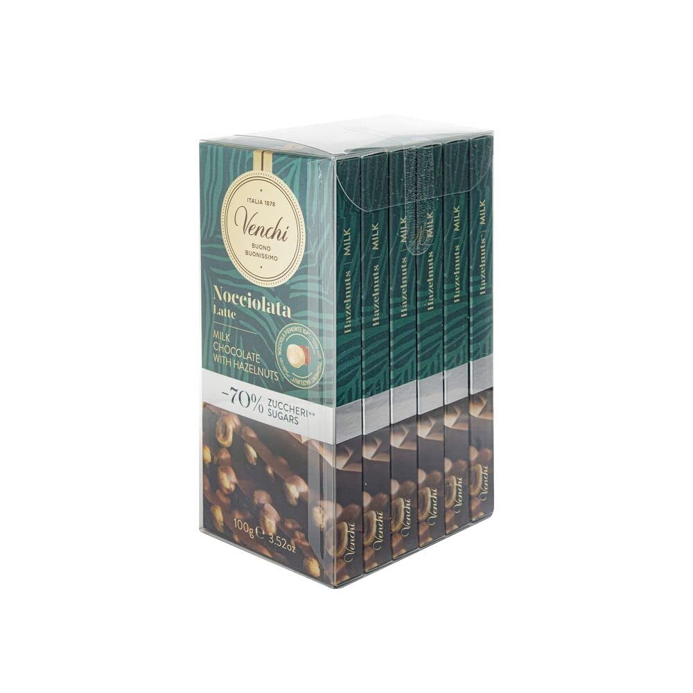 Venchi - Pak van 6 pure chocoladerepen met hazelnoten, 600g - Geen toegevoegde suikers - Geen kunstmatige zoetstoffen - Glutenvrij - Veganistisch - Cadeauidee