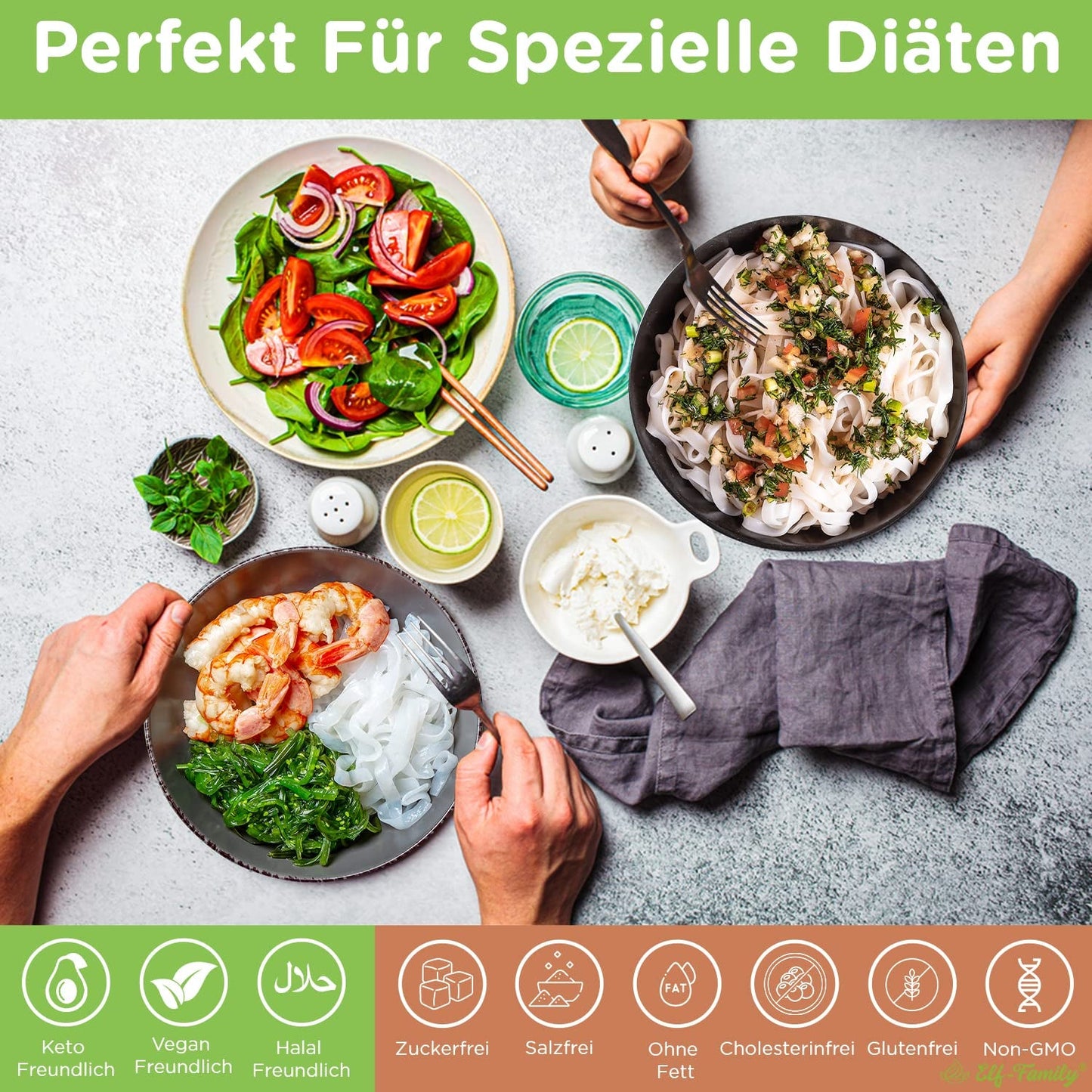 Elf-Family 6 Dozen (12 Stuks) Biologische Konjac Shirataki-noedels met ultralaag koolhydraatgehalte Veganistisch Glutenvrij - 1,62 kg, geen koolhydraten/Keto/laag in calorieën/vetvrij/suikervrije instantnoedels - Spaghetti en Fettuccine