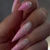 Mouyuglow Lange nagels Stiletto Melkwit Gradiënt Roze Glitter Cool Nepnagels met lijm Roze Ombre Glitter Kunstnagels