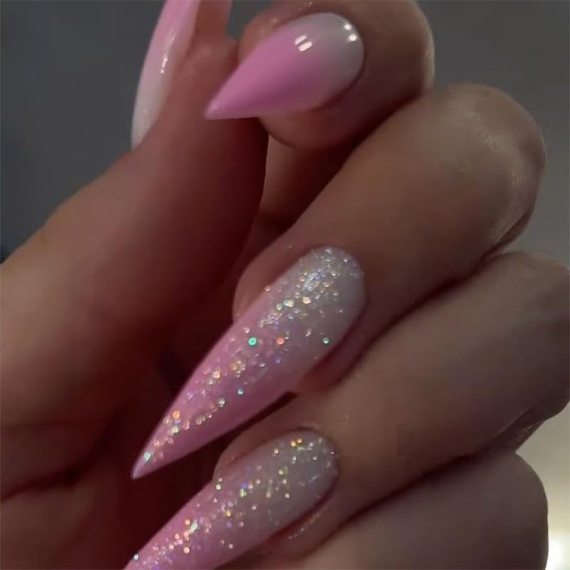 Mouyuglow Lange nagels Stiletto Melkwit Gradiënt Roze Glitter Cool Nepnagels met lijm Roze Ombre Glitter Kunstnagels