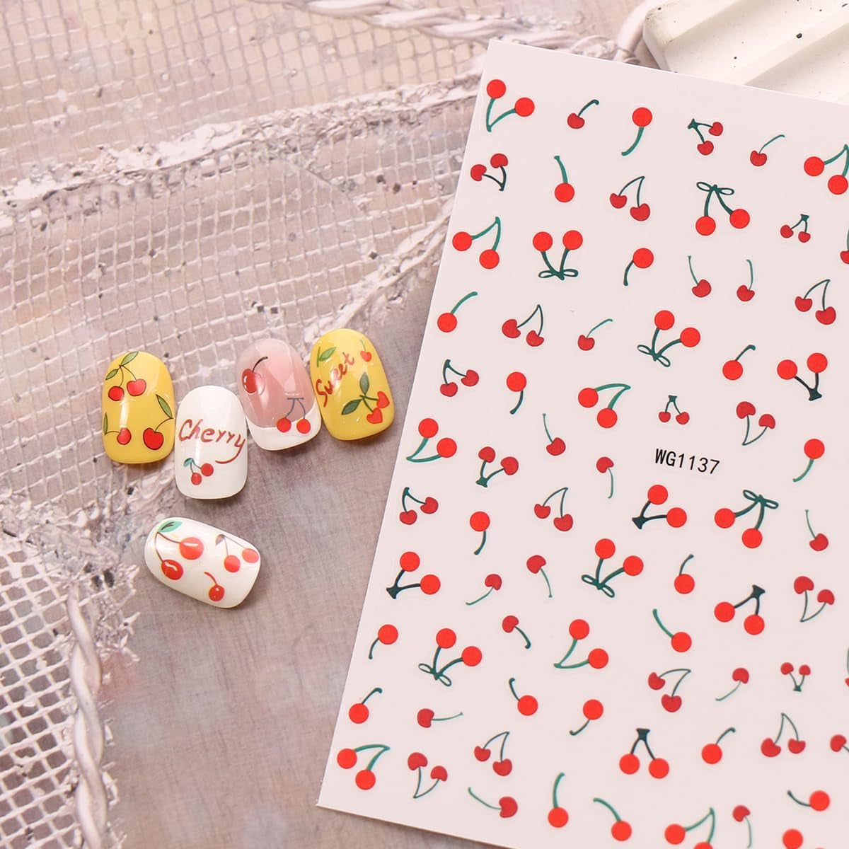 JMEOWIO Nagelsticker Kirschfrucht 6 Blatt Nail Art Sticker Selbstklebend Nagelaufkleber Decoratie Nageldesign Zubehör