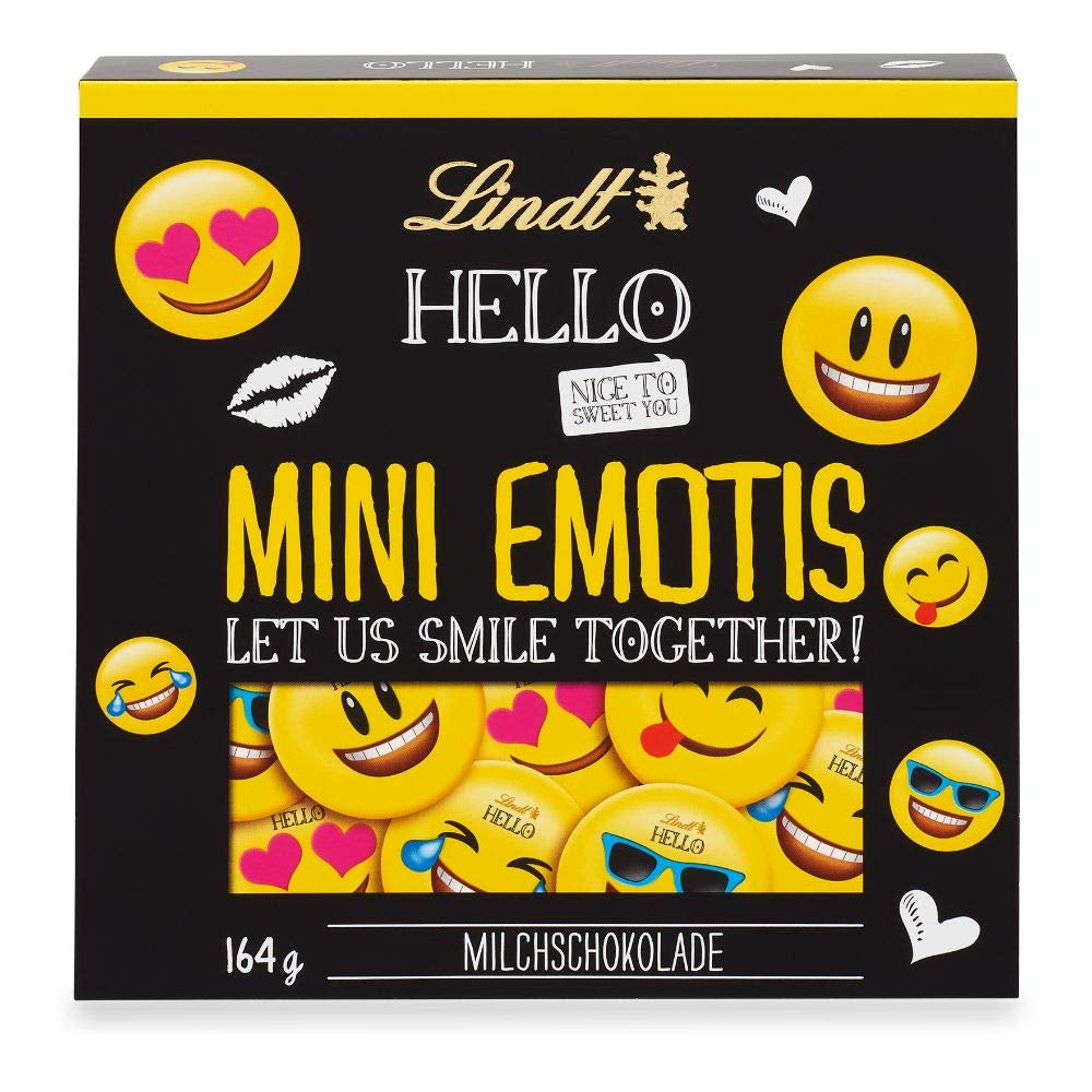 Chocoladeassortiment (37 LINDOR-bolletjes, 24 Hello Mini-sticks, 10 Mini Fioretto), chocoladecadeau (1 x 815 g) en HELLO Mini Emoti, melkchocolade in 5 emoticon-dessins, 164 g