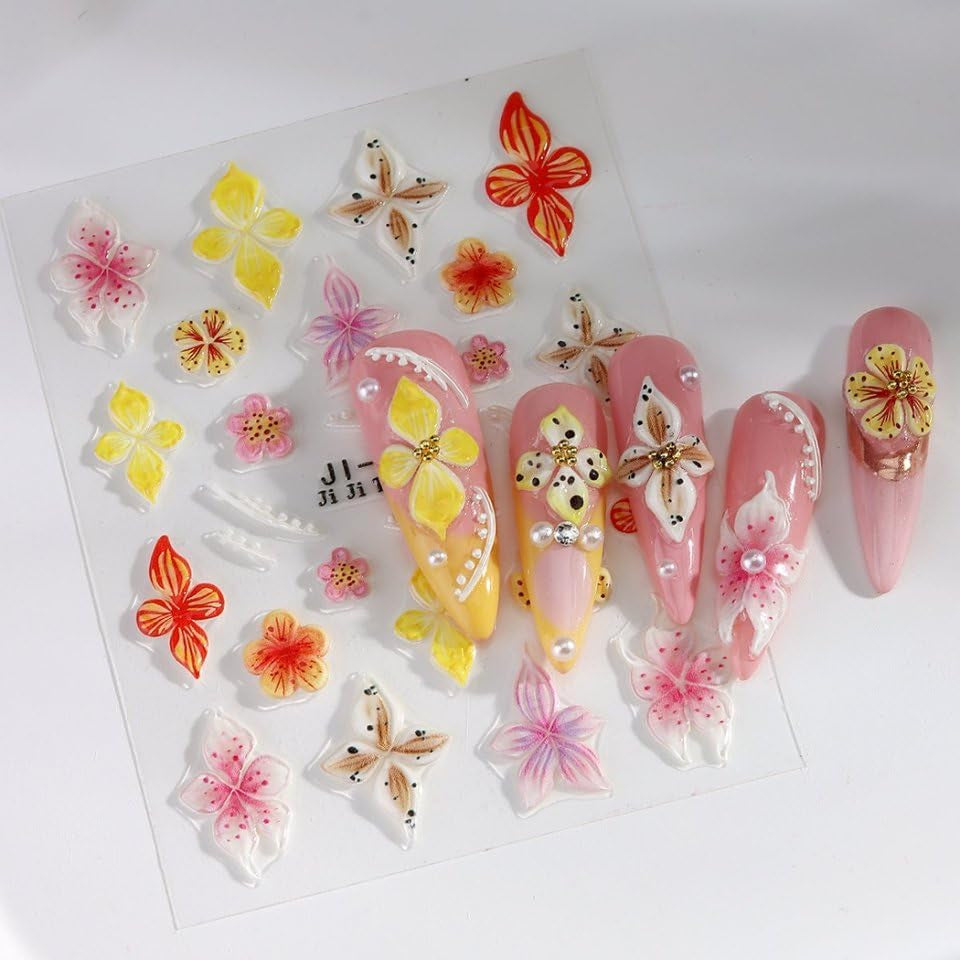 JMEOWIO 3D Nagelsticker Kleurrijke Bloem Nail Art Sticker Selbstklebend Nagelaufkleber 5D Stereoskopisch Lente Zomer Bloemendecoratie Nageldesign Zubehör 4 Blatt