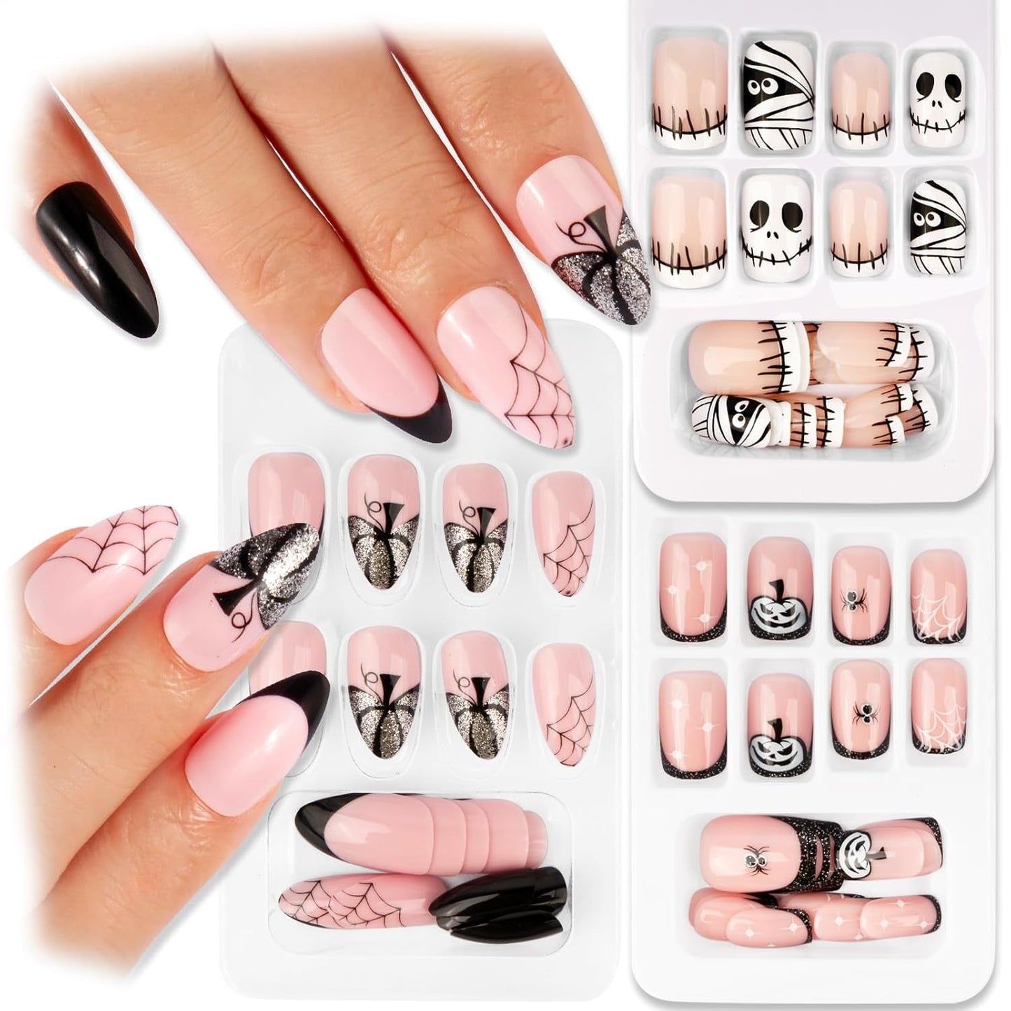 72 stuks Halloween-nagels Zelfklevende nepnagels Korte kunstnagels Zelfklevende geperste nagels Pompoen Spook Kunstnagels Tips Nail Art Oranje Groen Zwart