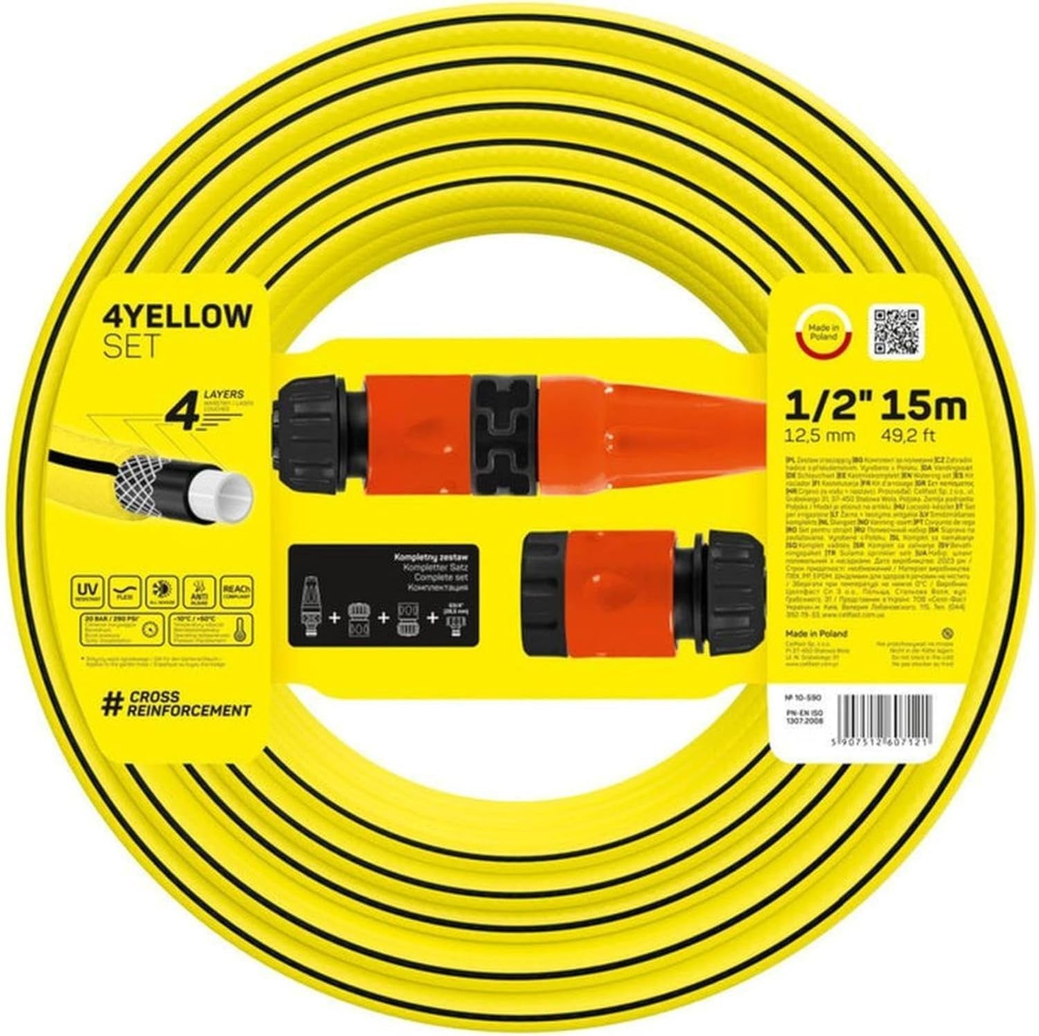 Tuinslang Cellfast GEEL, lichtgewicht, duurzaam, 4-laags, met sproeier, UV- en algenbestendig, torsiebestendig, REACH technologie, 20 bar, -10/+50°C, 1/2" sluiting, 15m