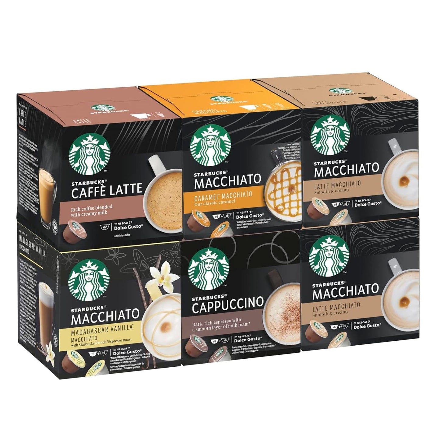 STARBUCKS Probierset, White Cup Variety Pack van Nescafé Dolce Gusto Kaffeekapseln & Vanilla Macchiato van Nescafé Dolce Gusto Kaffeekapseln 6 x 12 (72 Kapseln, 36 Portionen)