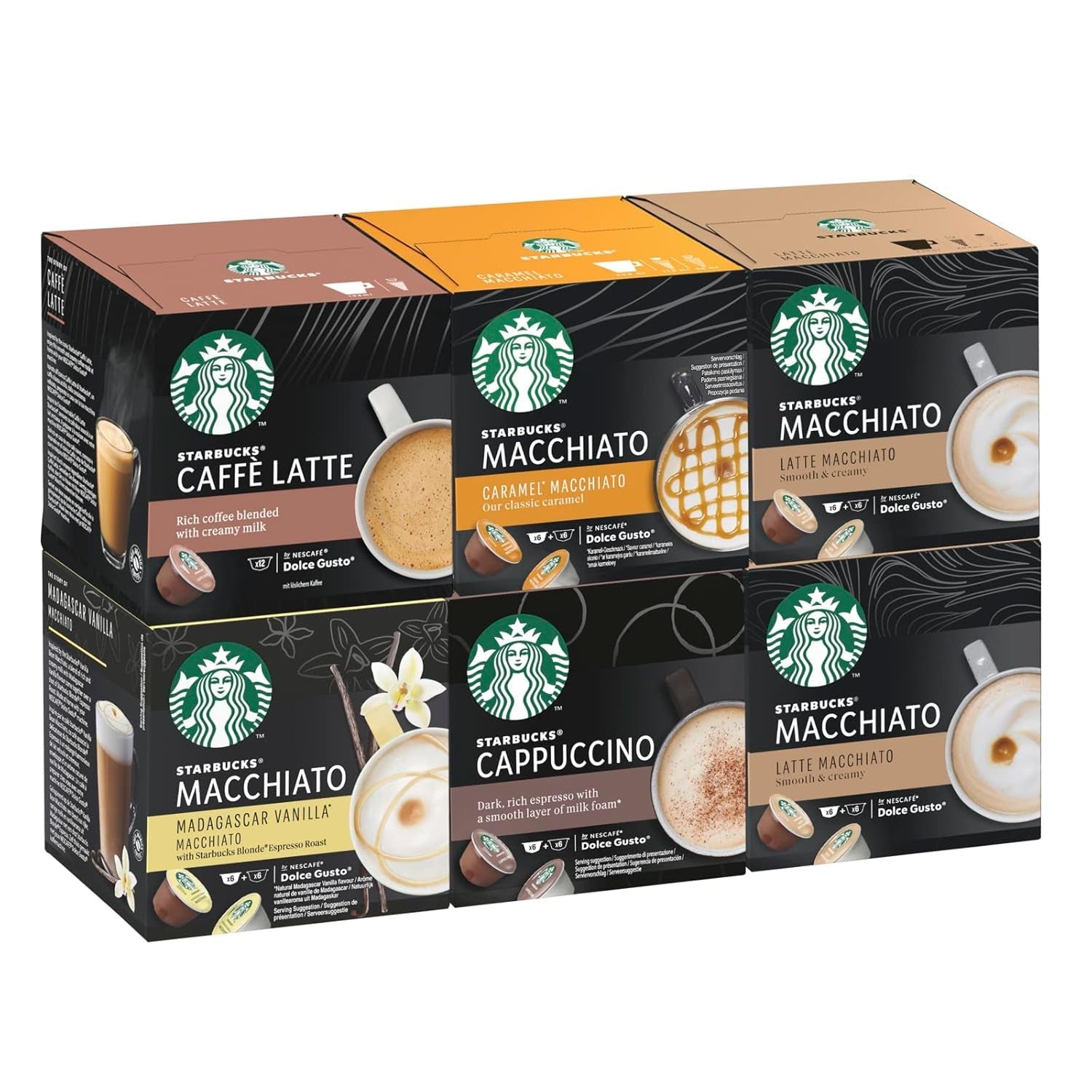 STARBUCKS Probierset, White Cup Variety Pack van Nescafé Dolce Gusto Kaffeekapseln & Vanilla Macchiato van Nescafé Dolce Gusto Kaffeekapseln 6 x 12 (72 Kapseln, 36 Portionen)