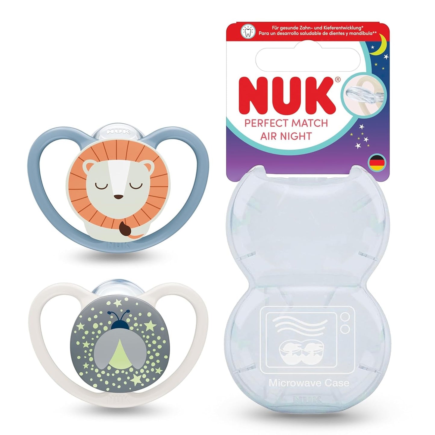 NUK Perfect Match Air Nachtfopspenen voor baby's | 0-6 maanden | Glow-in-the-dark-fopspenen die de luchtcirculatie bevorderen en kwijlen voorkomen | 95% acceptatie door baby's** | Leeuw | Pak van 2