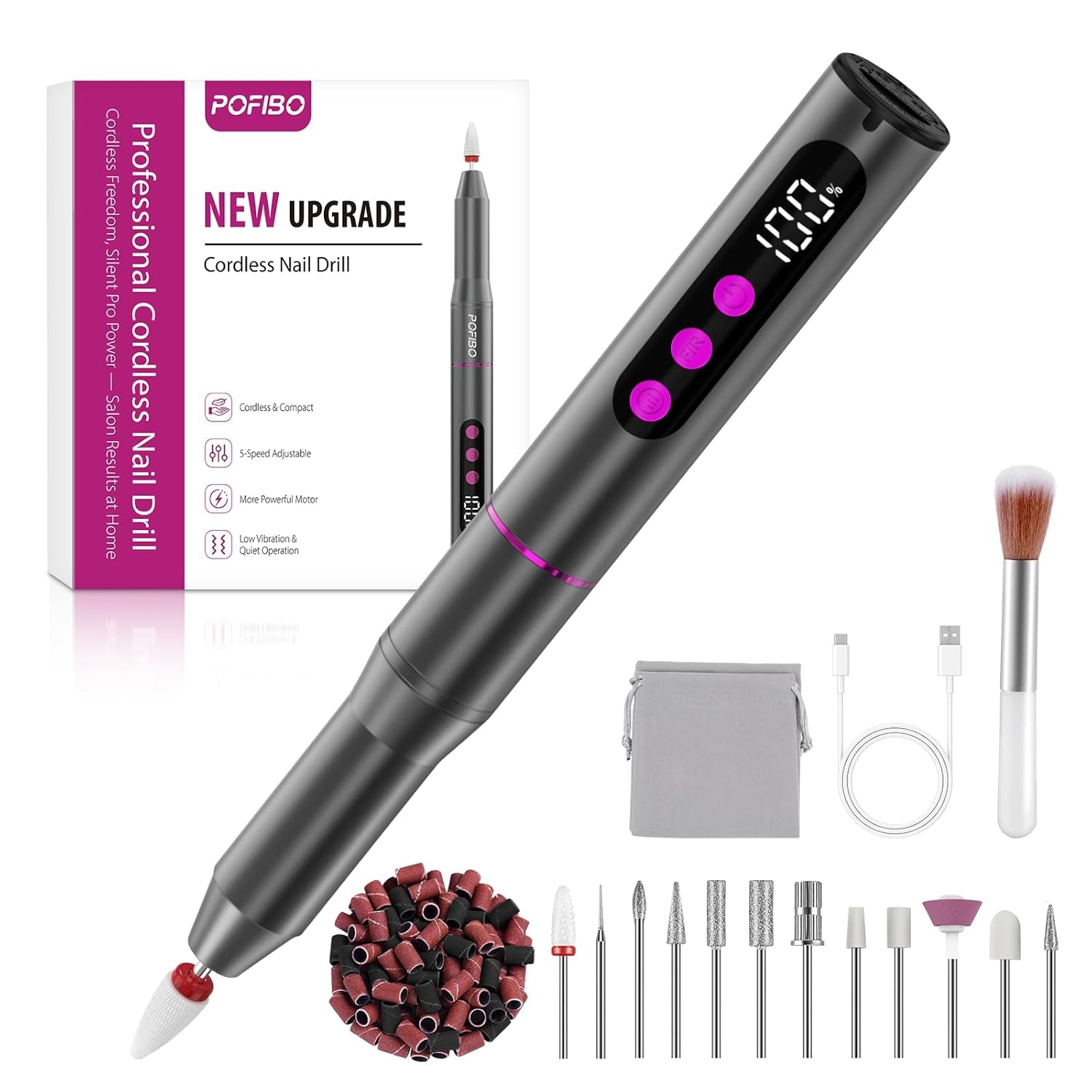 Draadloze elektrische nagelvijl - 35000 RPM voor gelnagels, 12 in 1 professionele nagel- en acrylnagelvijl, manicure- en pedicureset met 5 snelheden