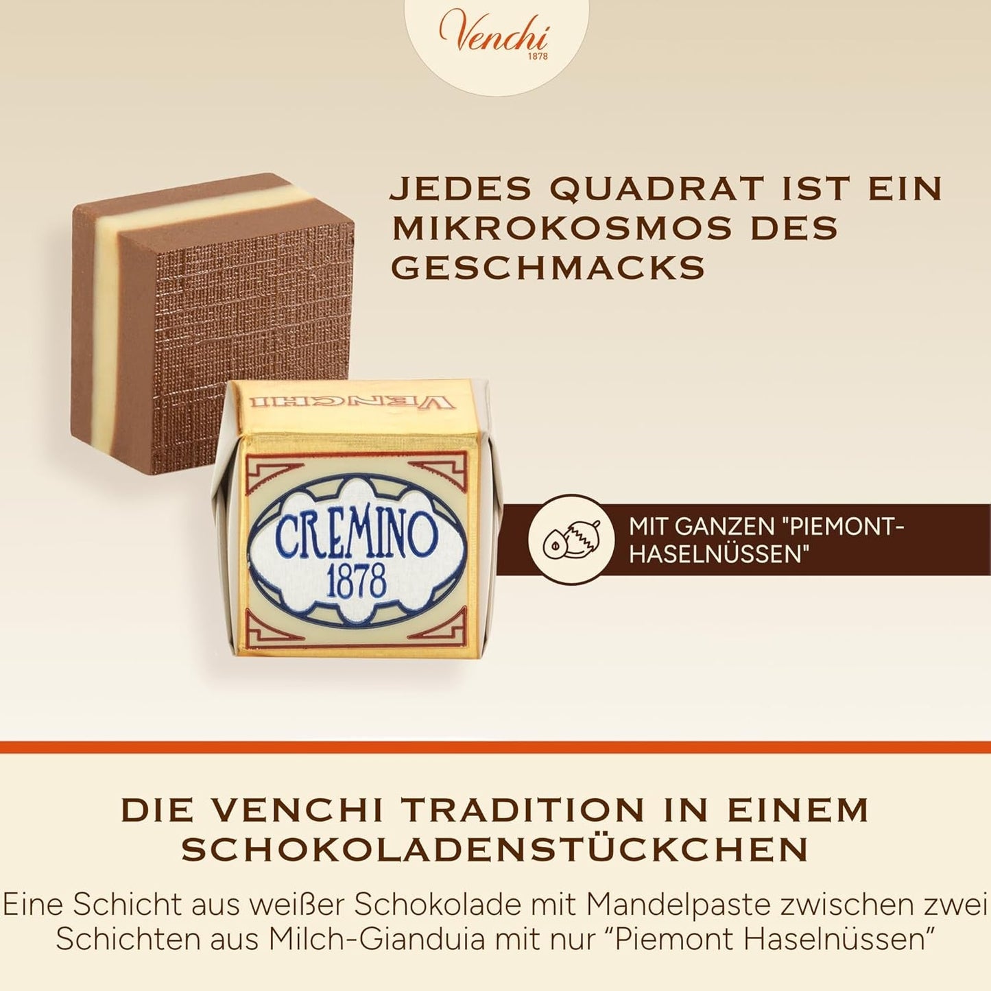 Venchi - Cremini 1878 - Drielaagse chocolade met gianduja met melk en amandelspijs, "Piemontese Hazelnoten BGA", 1 kg, glutenvrij, zonder kleurstoffen en zonder bewaarmiddelen