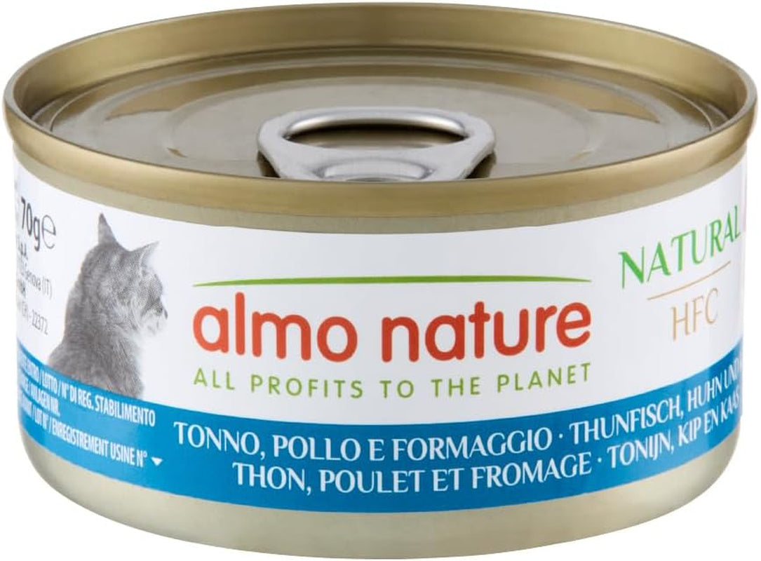 Almo Nature HFC Natural - Natvoer voor volwassen katten - Tonijn, Kip en Kaas - Menselijke kwaliteit, Glutenvrij - 6 x 70g