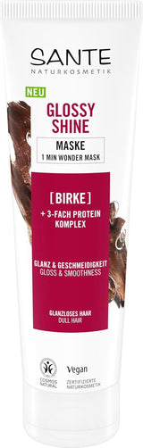 SANTE Naturkosmetik Glossy Shine Mask biologisch berkenbladextract + 3x eiwitcomplex, siliconenvrij en hydraterend haarmasker, veganistische haarverzorging voor meer glans en soepelheid, 150 ml Haarmasker Naty Shop Nieuw