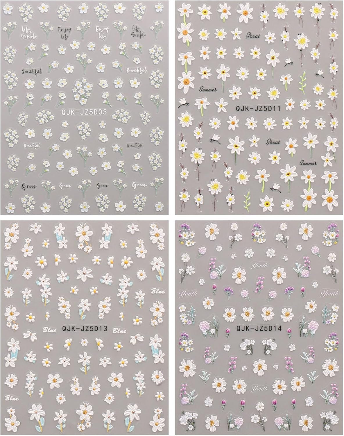 JMEOWIO 3D Nagelsticker Blumen Nail Art Sticker Selbstklebend Nagelaufkleber 5D Stereoskopisch Zomer Frühling Blumen Dekoration Nageldesign Zubehör 4 Blatt