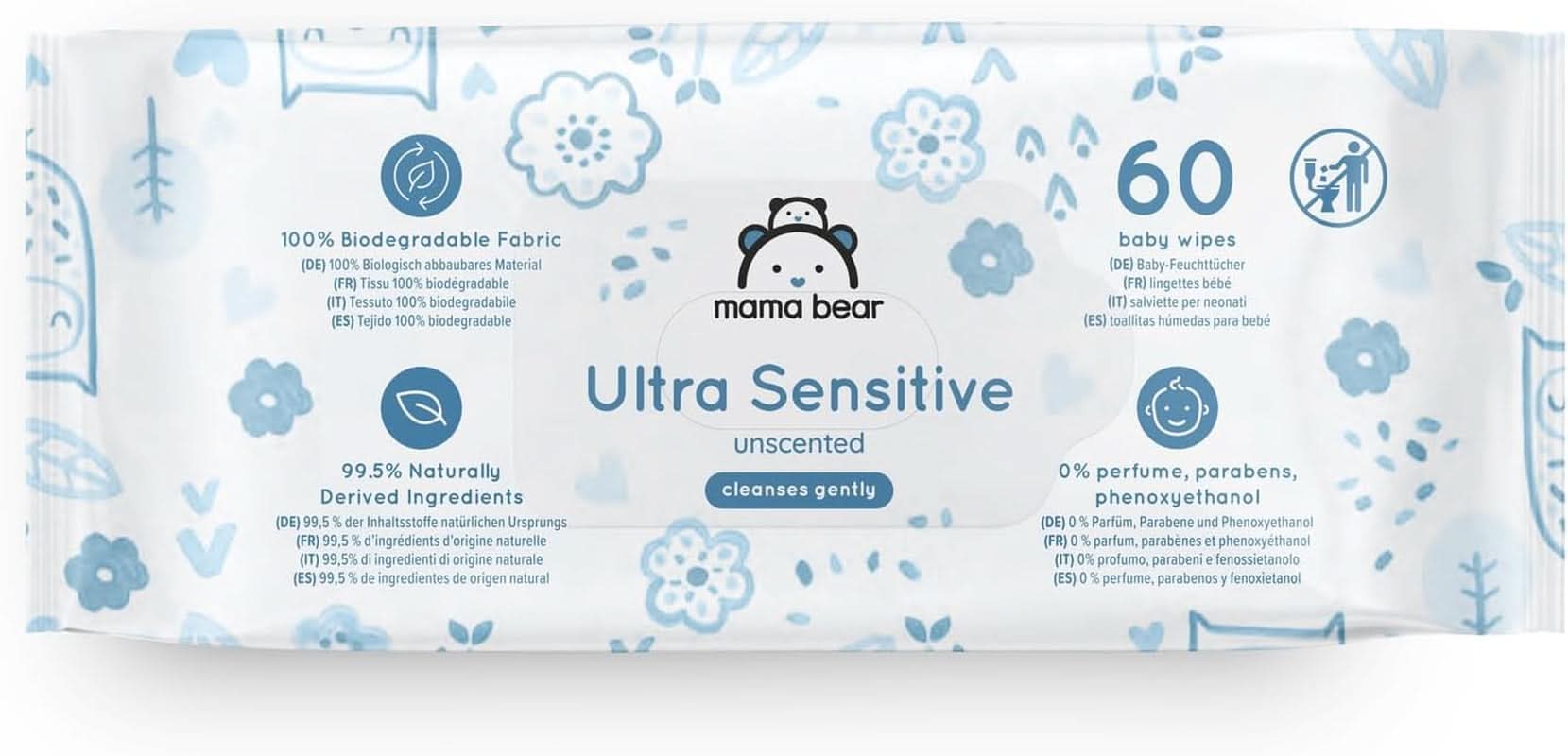 Mama Bear Ultra Sensitive Babydoekjes Geurvrij 1008 Aantal (18 Verpakkingen van 60) Naty Shop