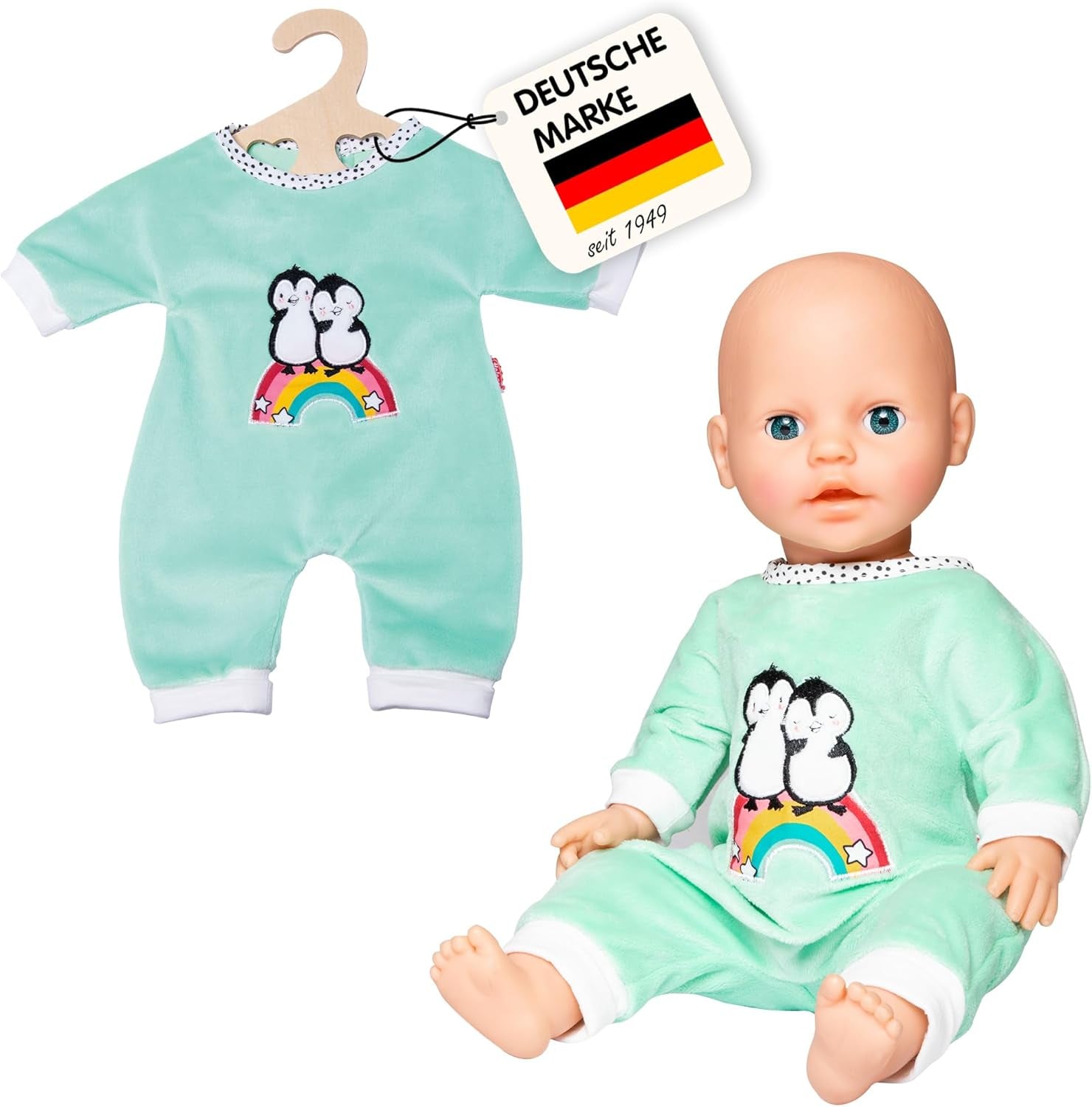 Heless 1181 - Pop-jumpsuit met stippenpinguïnontwerp, gemaakt van zacht velours met hoogwaardig borduurwerk, maat 28-35 cm