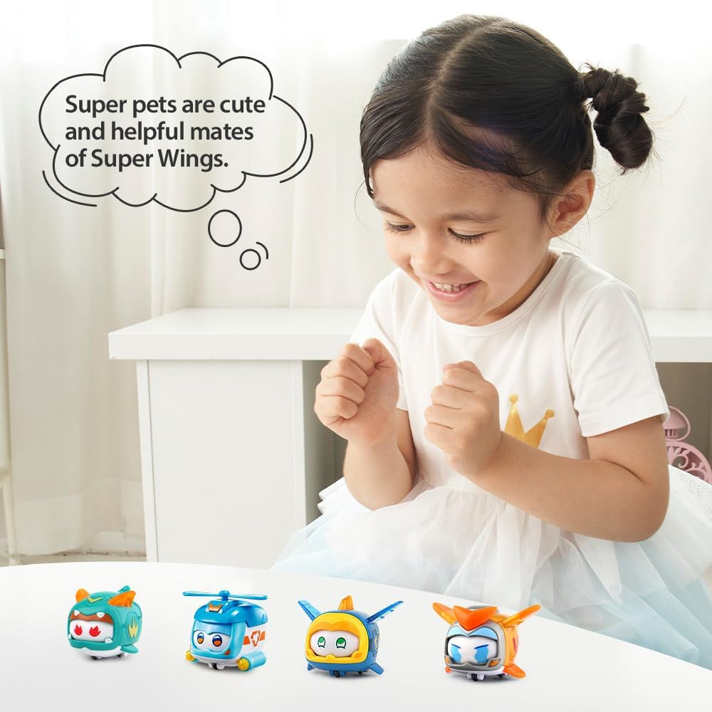 Super Wings Super Pets 4 STUKS Shine, Golden Boy, Jerome, Ellie Verwisselbare gezichtsuitdrukking Bliksemeffect Draagbaar speelgoed voor 3 4 5 6 7 8 jaar oude jongensmeisjes 2 inch actiefiguren Naty Shop