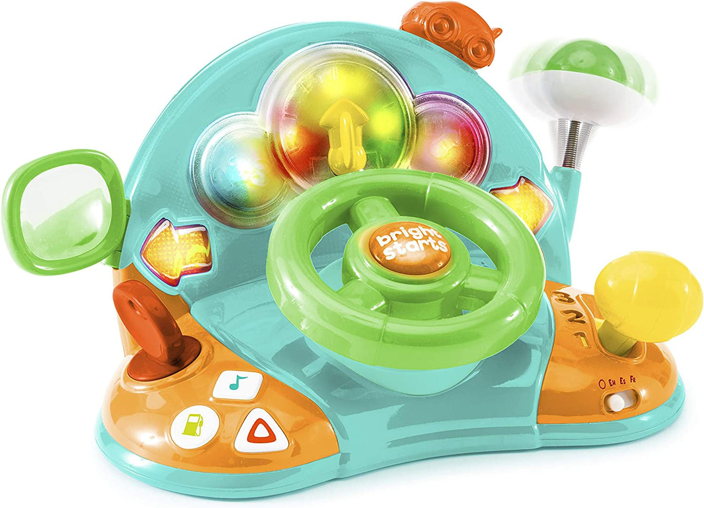 Bright Starts, speelgoedstuur, Lights & Colors Driver, met muziek, autogeluiden, richtingaanwijzers, versnellingspook en meer Bebe Naty Shop Speelgoed