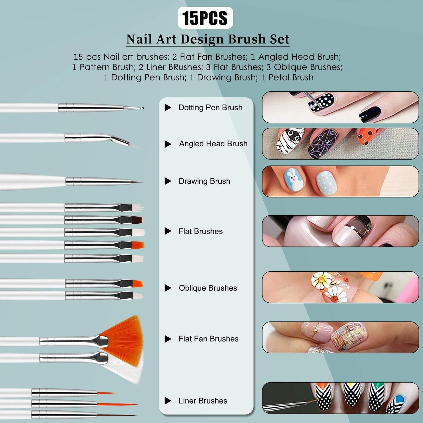 Nail Art Decoraties & Nagelpinsel Set, Nageldesign Zubehör, Nagelset 5 Stk 2 Wege Punktierung Stift, 15 Malerei Polnisch Pinsel Set, 10 Streifenband, 4 Boxen Bunte Nagel Steentjes Decoratie