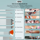 Nail Art Decoraties & Nagelpinsel Set, Nageldesign Zubehör, Nagelset 5 Stk 2 Wege Punktierung Stift, 15 Malerei Polnisch Pinsel Set, 10 Streifenband, 4 Boxen Bunte Nagel Steentjes Decoratie