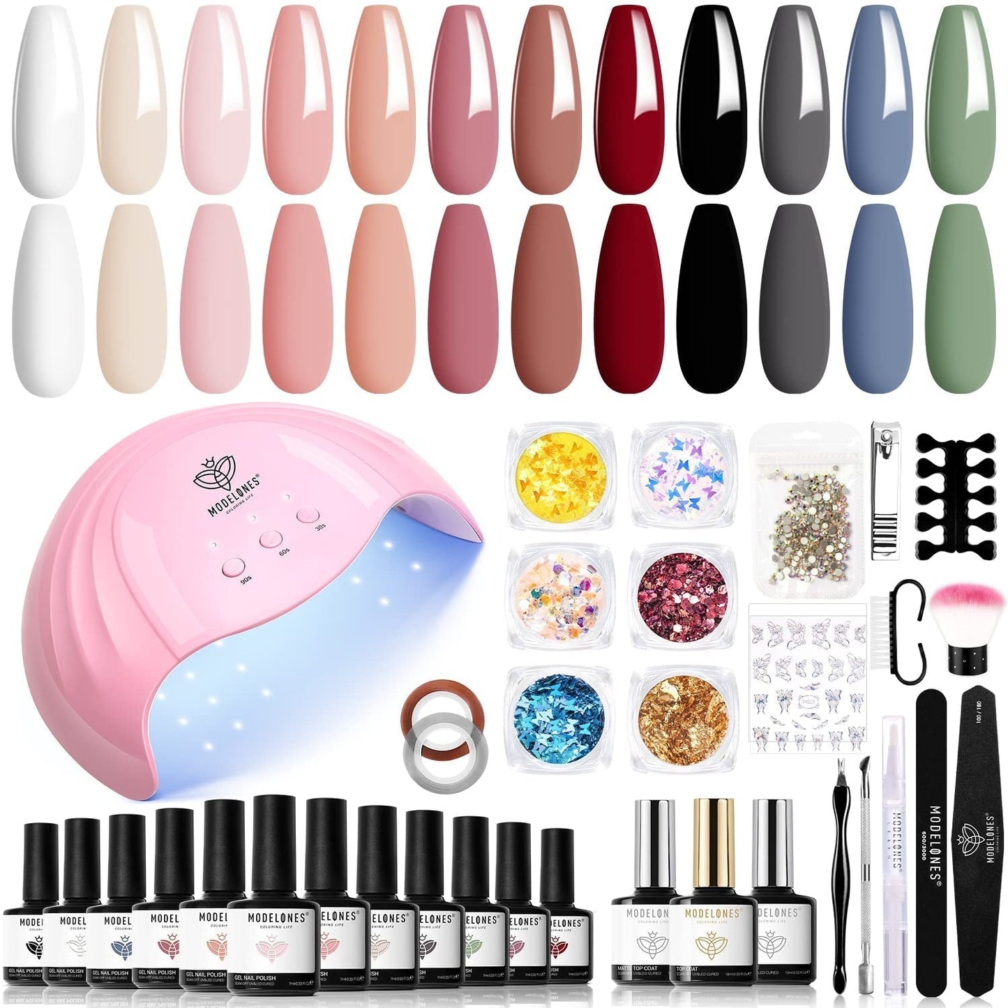 Modelones 35-delige gelnagellakset, UV-nagellakset met 48W-lamp, nude bruin wit roze gelnagellakset, UV-gelnagellakset met toplaag basis nagelstudioset
