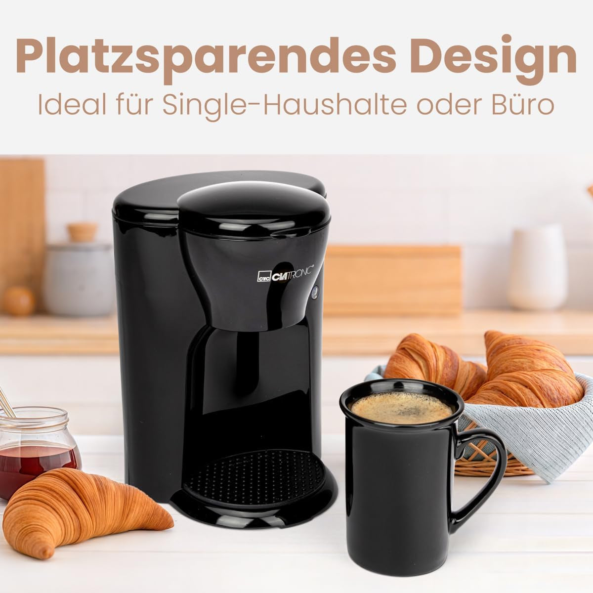 Clatronic® 1-kops koffiezetapparaat | Perfecte espressomachine voor alleenstaanden | Espressomachine met filter, inclusief keramische kop | Kleine espressomachine met filter, ideaal voor op reis | KA 3356