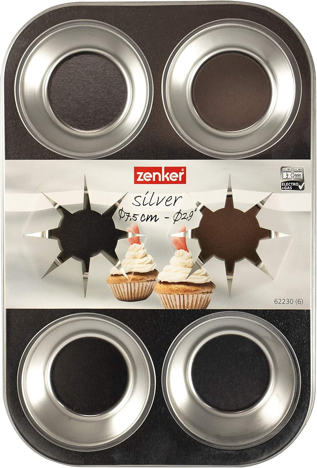 Zenker 62230 Bakplaat Cupcake/Muffin 6 stuks, Band 29 X 19,5 X 3Cm, Silver Line Vormen en bakplaten Naty Shop