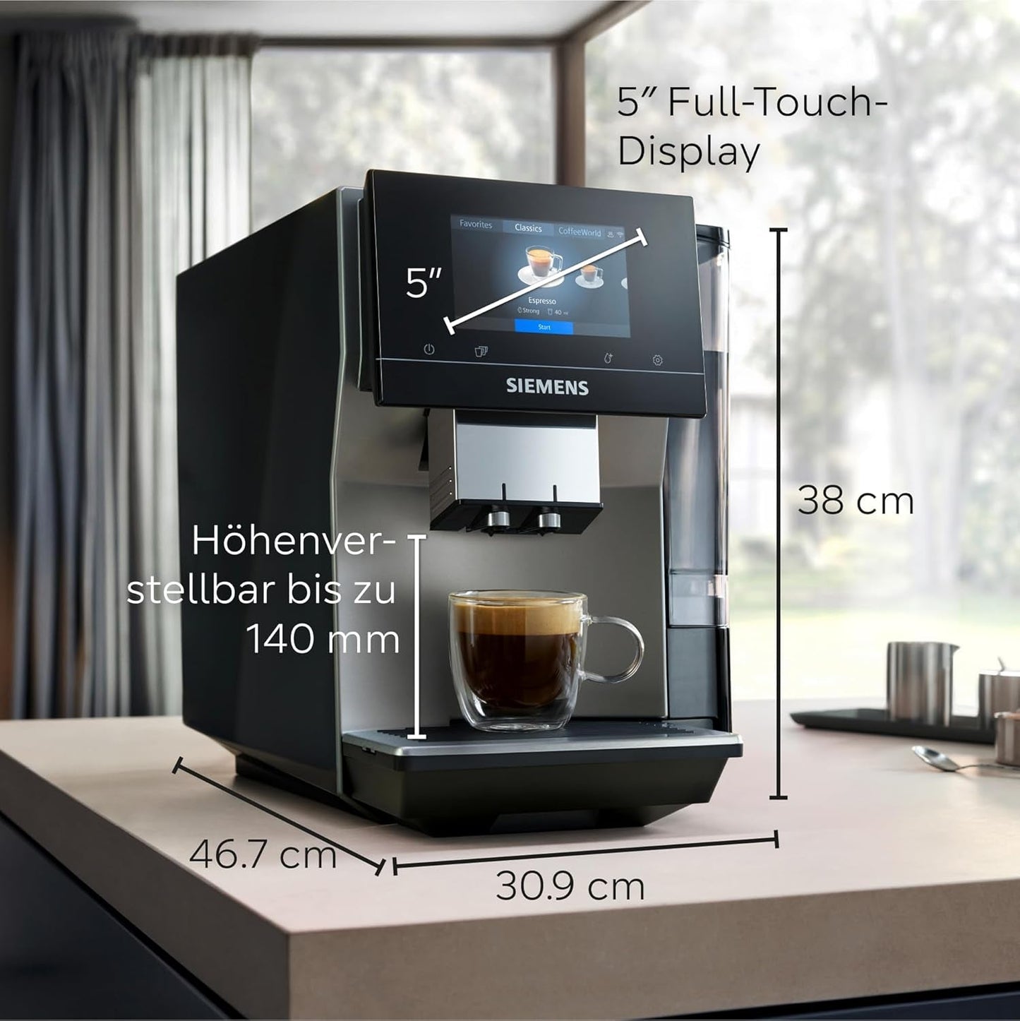 Automatische espressomachine Siemens EQ700 classic TP715D01, app-bediening, cold brew, intuïtief touchdisplay, tot 10 individuele koffiecreaties als favoriet, automatische stoomreiniging, 1500 W, zilvergrijs