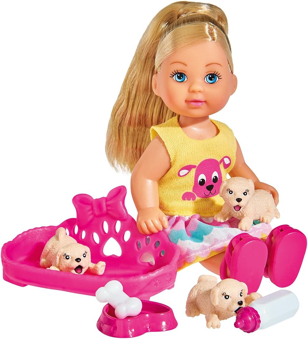 Simba 105733041 - Evi Love Puppy Love met DRIE puppy's, met hondenhuis en accessoires, modepop, 12 cm, voor kinderen vanaf 3 jaar