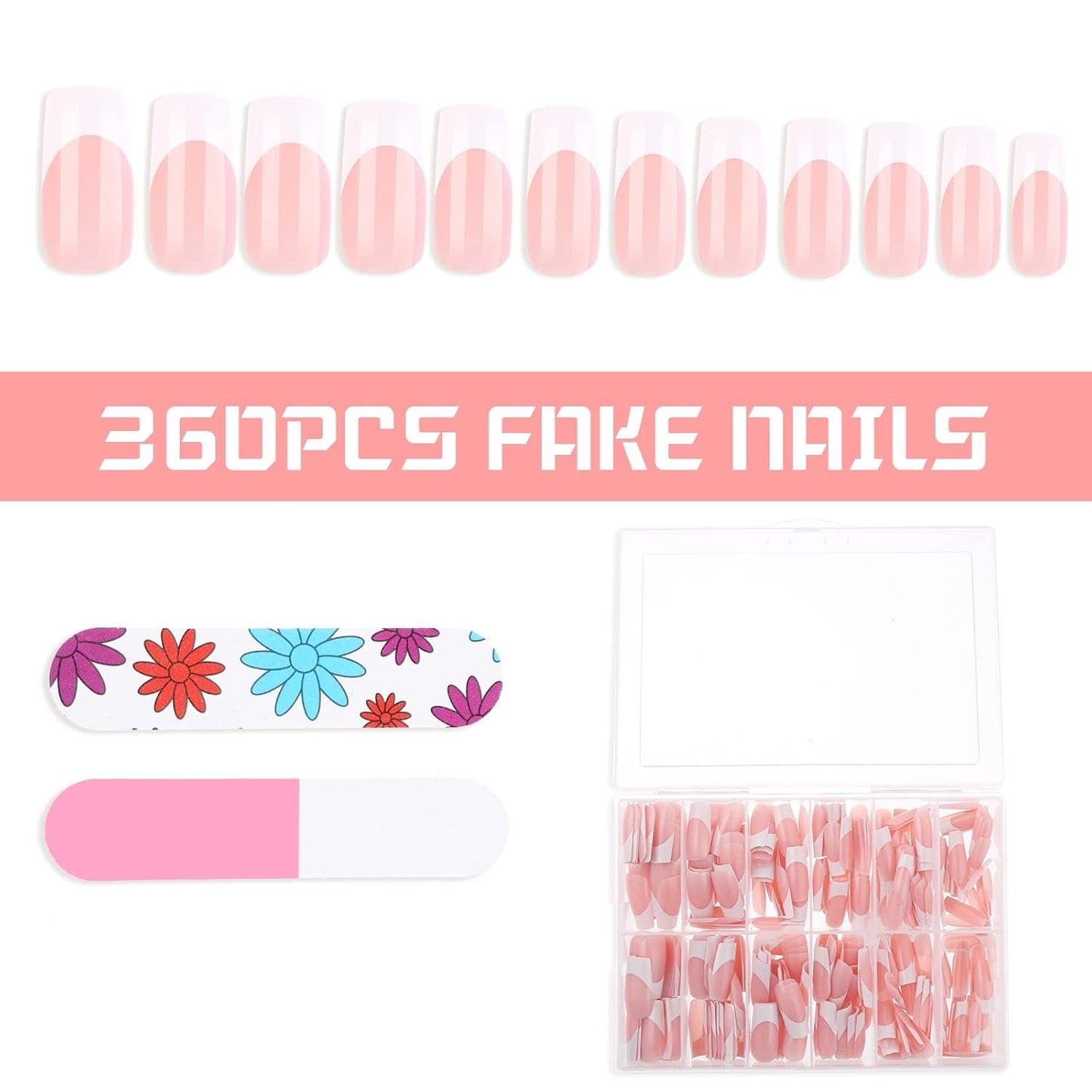 360 stuks zelfklevende nageltips voor kunstnagels met opbergdoos en nagelvijl (rechthoekig)