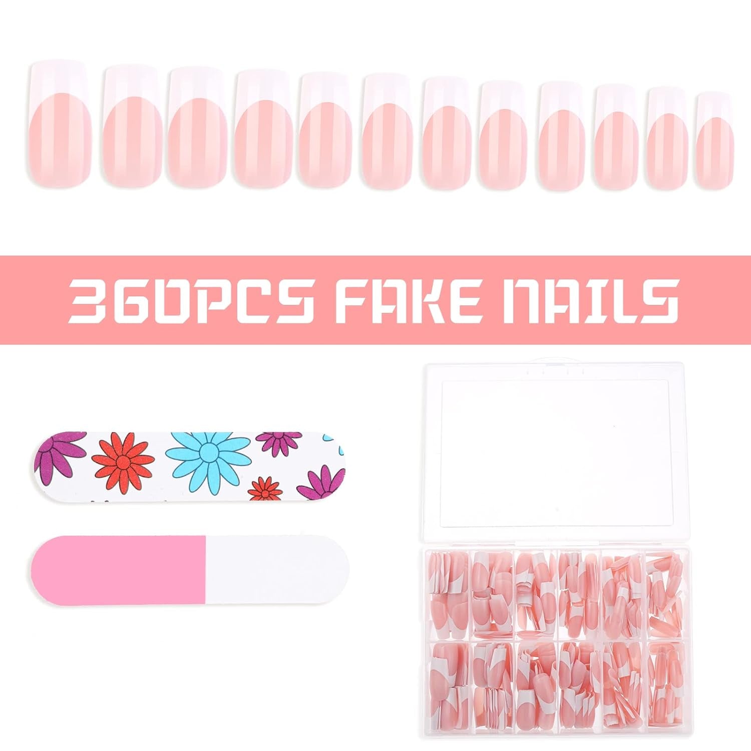 360 stuks zelfklevende nageltips voor kunstnagels met opbergdoos en nagelvijl (rechthoekig)