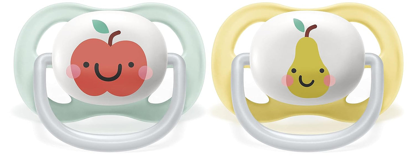 Philips AVENT ultra air-fopspeen - 2-pack, BPA-vrij, ademend, voor baby's 0-6 maanden, inclusief draagtas en sterilisatie, appel/peer (model SCF080/17)