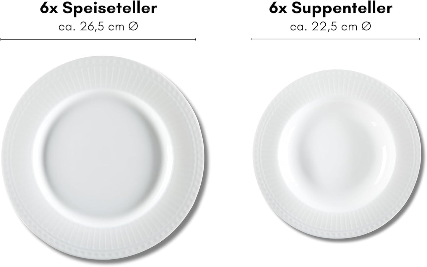 Ritzenhoff & Breker Sofia Tafelservice 12-teilig, Speiseteller (26 cm) en Suppenteller (22 cm) voor 6 personen, Tafelset met feinem Rillenrelief, Fine-Dining-Geschirr, Porzellan, Weiß