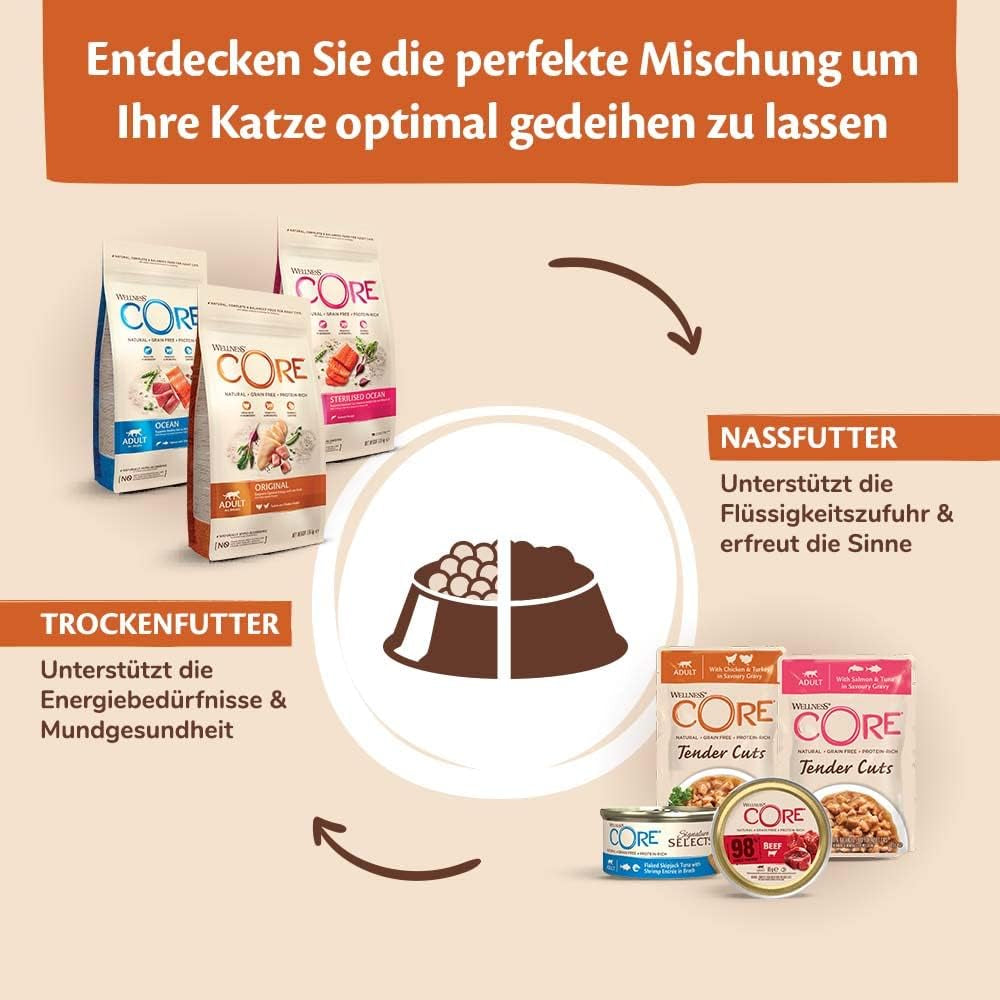 Wellness CORE 98% 12 x 85g, Kip en Zalm - Nat kattenvoer, dikke paté, graanvrij, natuurlijk, hypoallergeen, rijk aan eiwitten, rijk aan vlees