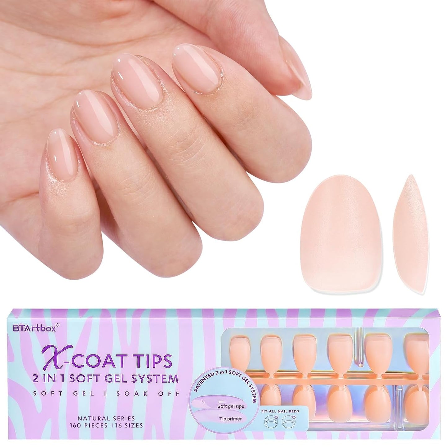 Btartbox Extra korte zachte gelnagels Volledige dekking Amandel korte nageltips 160 stuks Voorontworpen XCOATTIPS Kunstnagels Amandel korte nageltips voor nagelverlengingen