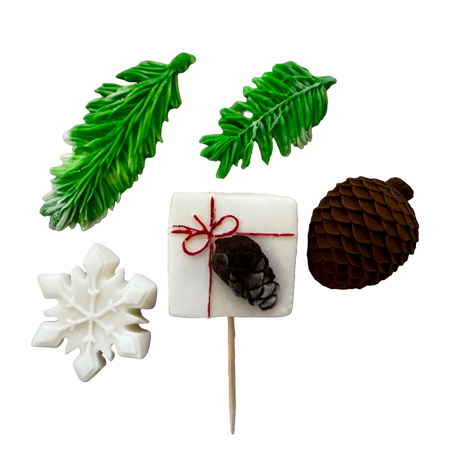 Set van 5 eetbare suikerpasta-decoraties, Winter, dennennaalden, sneeuwvlok, kegel Suikerpasta-decoraties Naty Shop