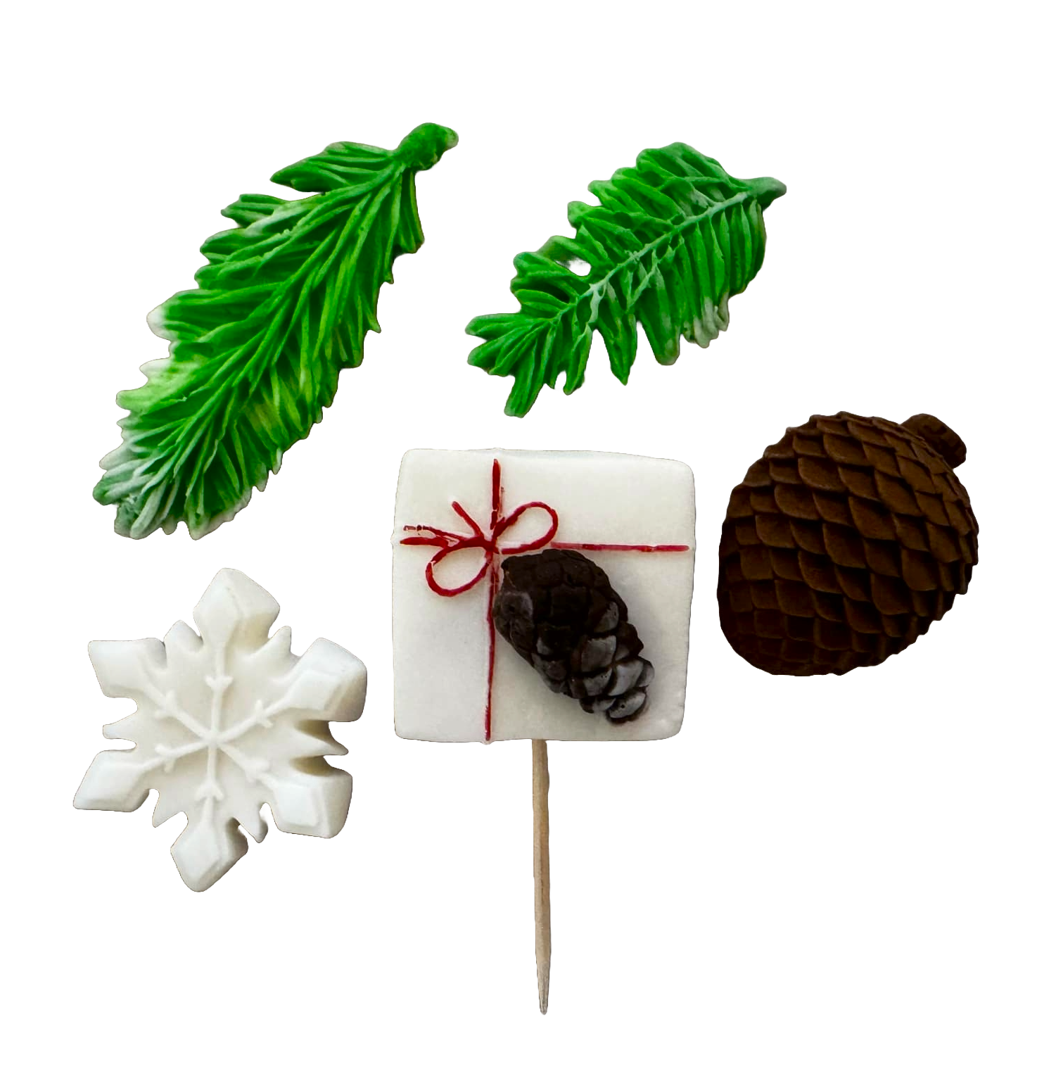 Set van 5 eetbare suikerpasta-decoraties, Winter, dennennaalden, sneeuwvlok, kegel Suikerpasta-decoraties Naty Shop