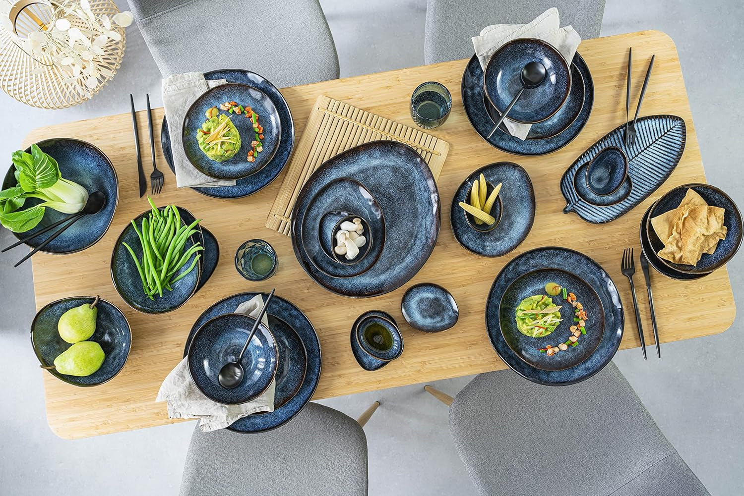 ZANGER | Tokyo Serviesset 12-delige Steengoed Serviesset voor 4 personen, inclusief dinerborden, dessertborden en schalen, donkerblauw met zwarte accenten | DE PREMIUM COLLECTIE