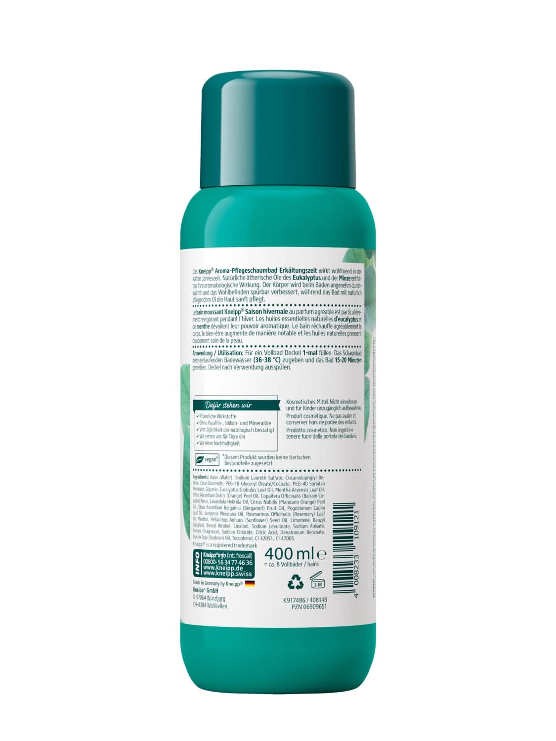 Kneipp Aroma Foam Bath Cold Season, badadditief met natuurlijke essentiële oliën van eucalyptus en munt, 400 ml Douche en bad Naty Shop