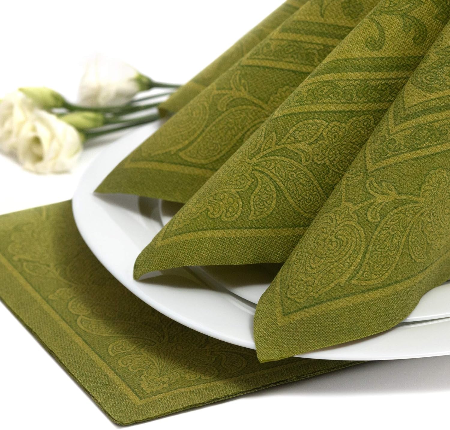 Papstar, 50 servetten "ROYAL Collection" 1/4 vouw 40 Cm X 40 Cm olijfgroen "Ornamenten", #81746