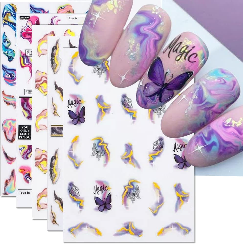 6 Blatt 3D Lila Schmetterling Nagelstickers Selbstklebend Nagelaufkleber Schmetterlinge Nagelsticker Bunte Blühen Marmor Nagelstickers Regenbogen Welle Linien Nail Art Aufkleber Nageldesign Zubehör