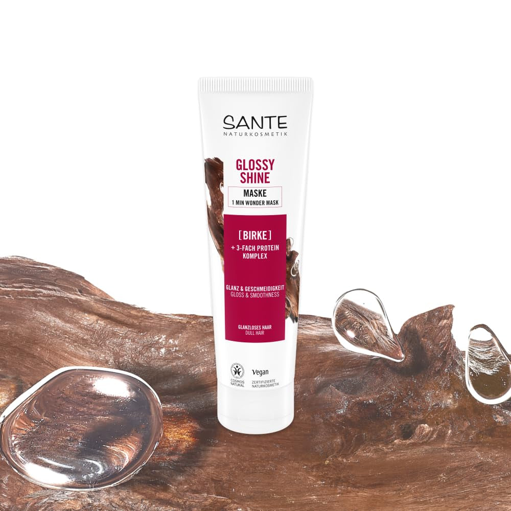 SANTE Naturkosmetik Glossy Shine Mask biologisch berkenbladextract + 3x eiwitcomplex, siliconenvrij en hydraterend haarmasker, veganistische haarverzorging voor meer glans en soepelheid, 150 ml Naty Shop Haarmasker